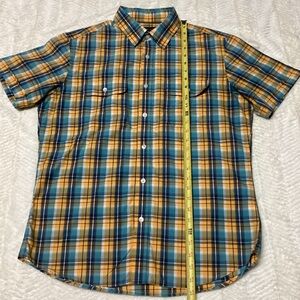 Banana Republic Button Up Shirt Size M Blue Yellow Plaid Soft Wash Short Sleeve
